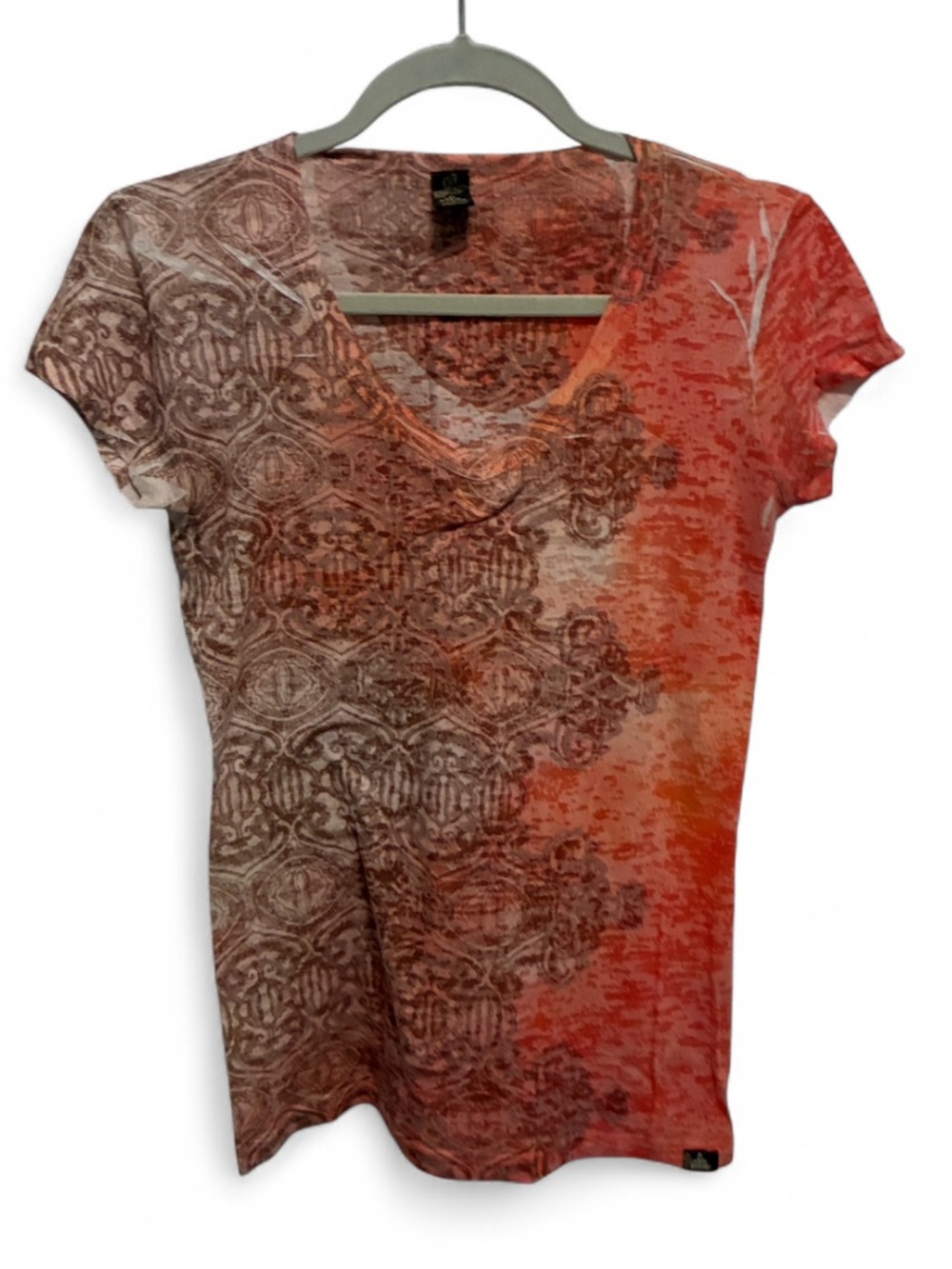 Prana Orange and Brown Boho Patterned V-Neck Short Sleeve Tee